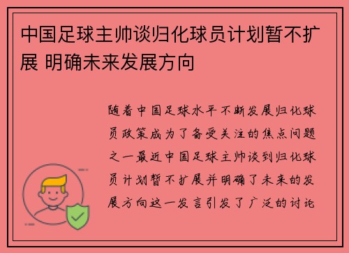 中国足球主帅谈归化球员计划暂不扩展 明确未来发展方向