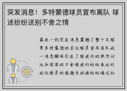 突发消息！多特蒙德球员宣布离队 球迷纷纷送别不舍之情