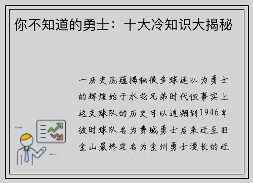 你不知道的勇士：十大冷知识大揭秘