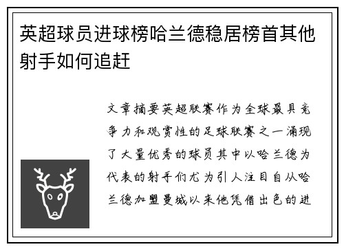 英超球员进球榜哈兰德稳居榜首其他射手如何追赶